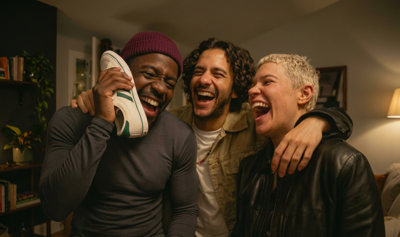 Three people laughing together