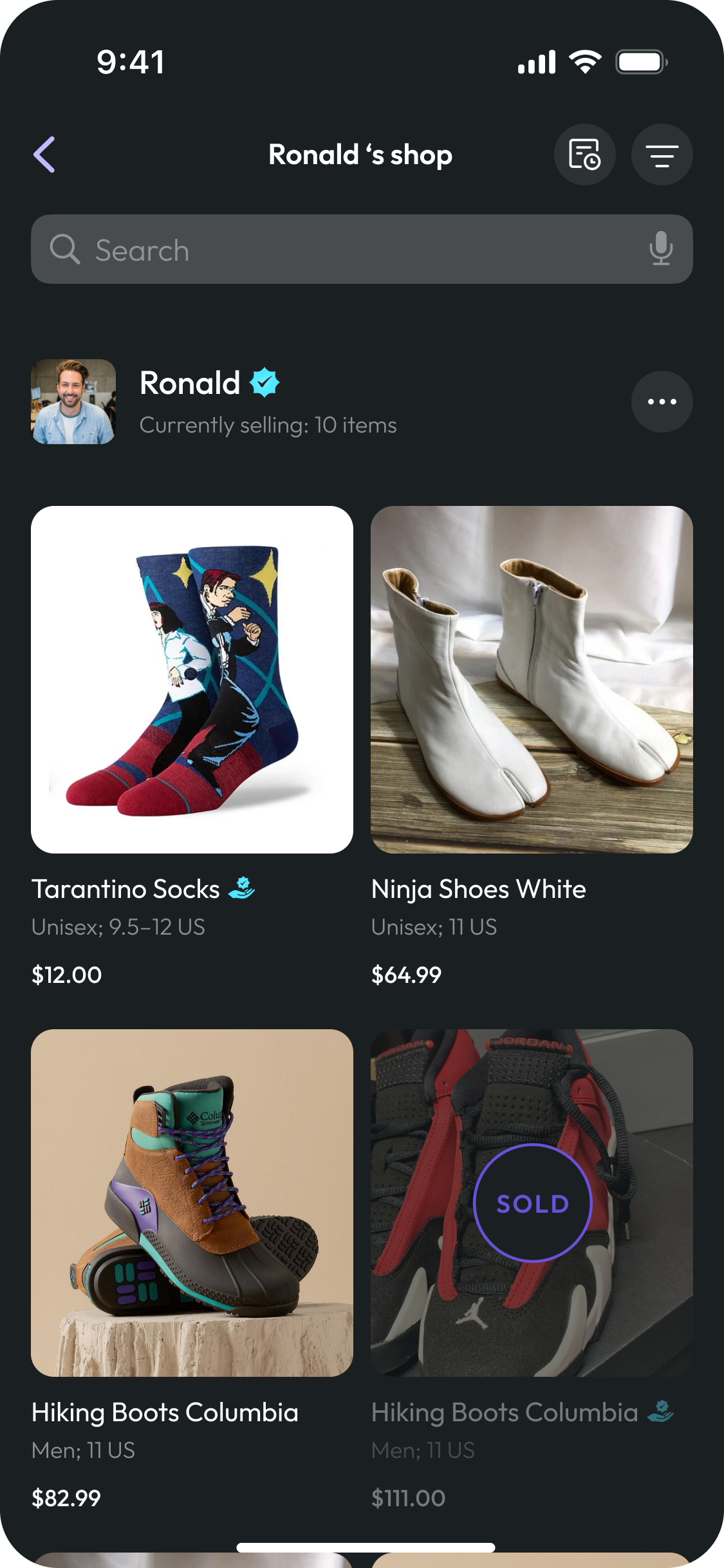 SoleSpark app showing Ronald's shop